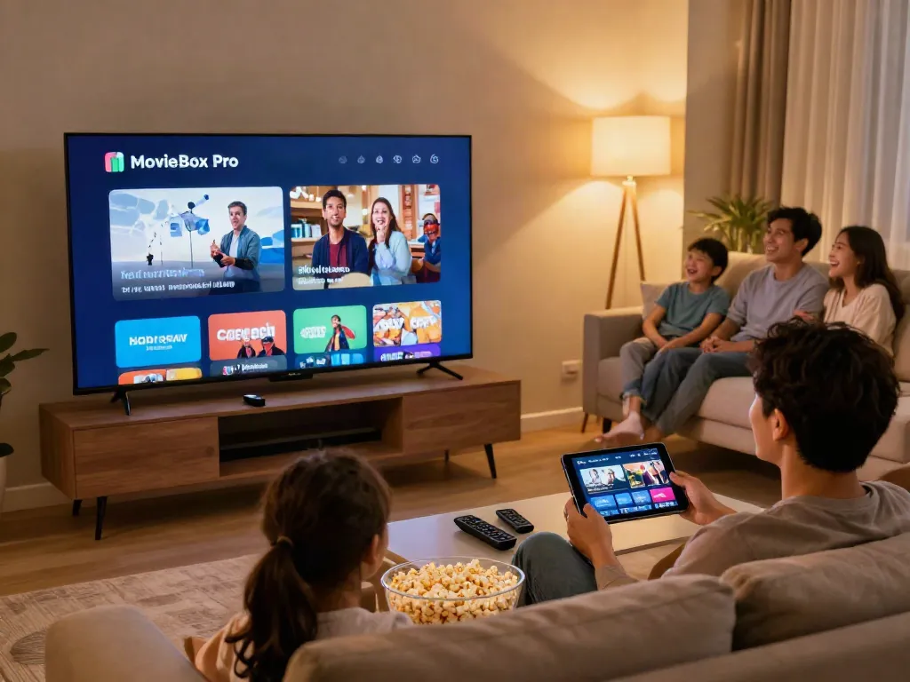 User immersed in the MovieBox Pro App on smart TV, cozy living room with family.