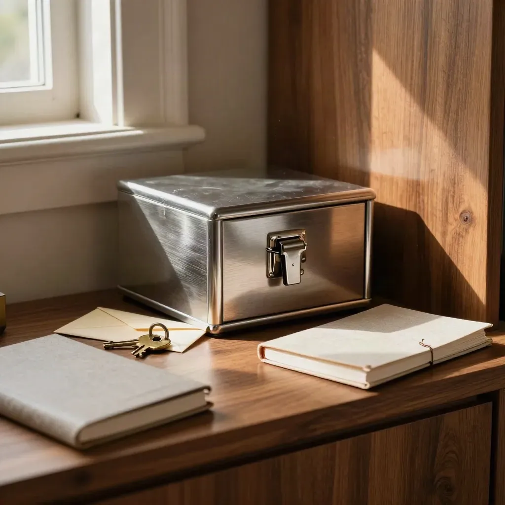 Steel cash box, house key, envelope and savings notebook in a warm home nook.