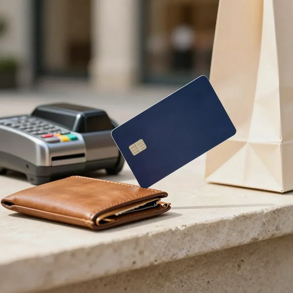 Debit card beside a contactless reader on stone, with wallet and grocery bag corner.