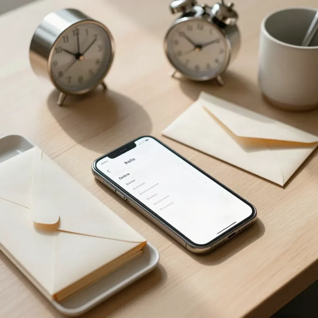 Top-down phone, utility envelopes, clock, and pen cup on a pale oak table.