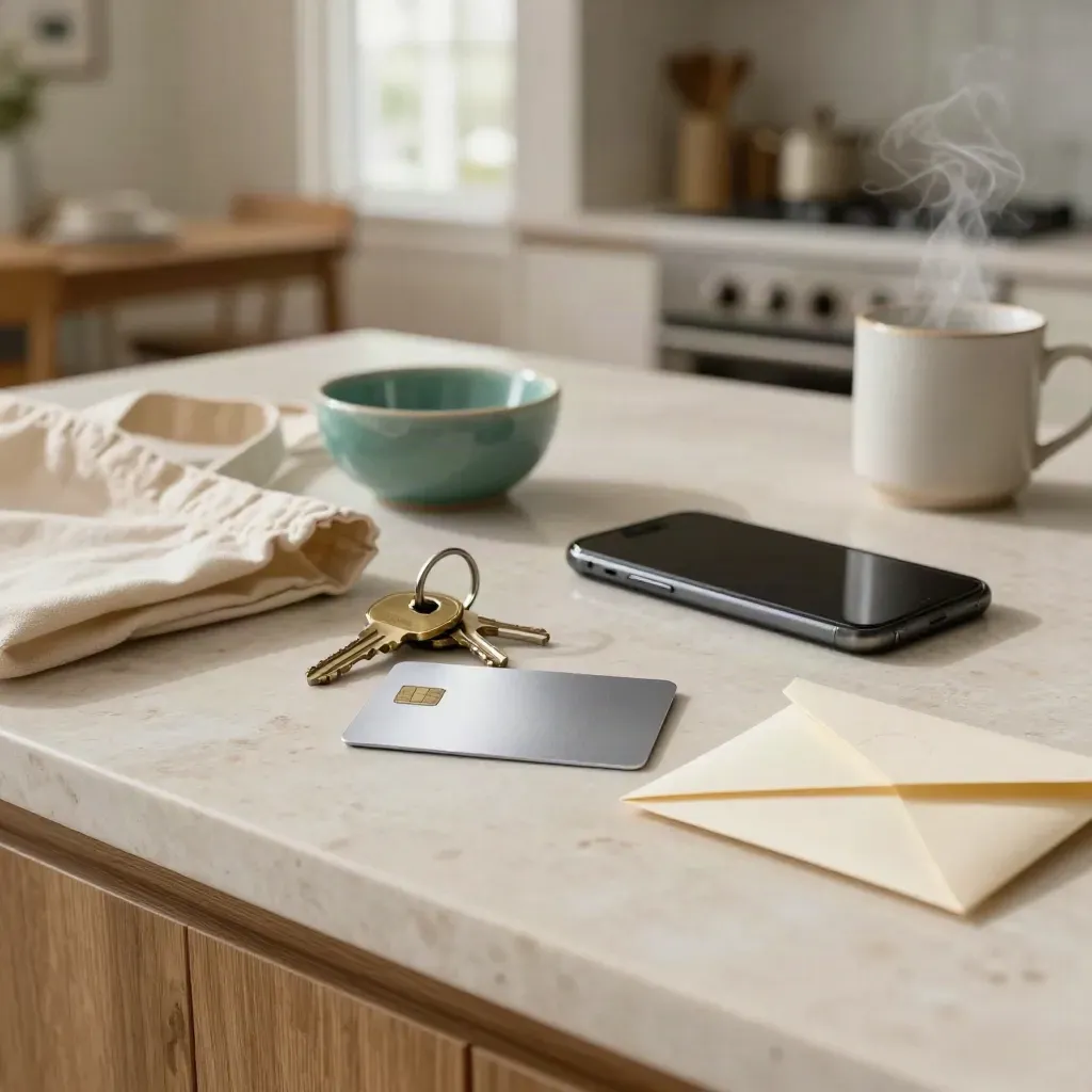 Kitchen island with debit card, keys, phone, teal bowl, tote corner, and utility envelope.