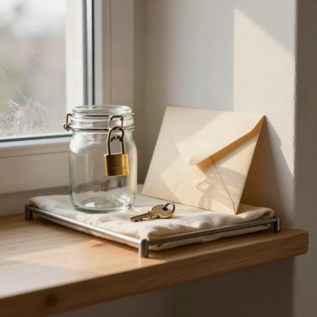 Locked glass savings jar, house key and sealed envelope on a pale shelf at sunrise.