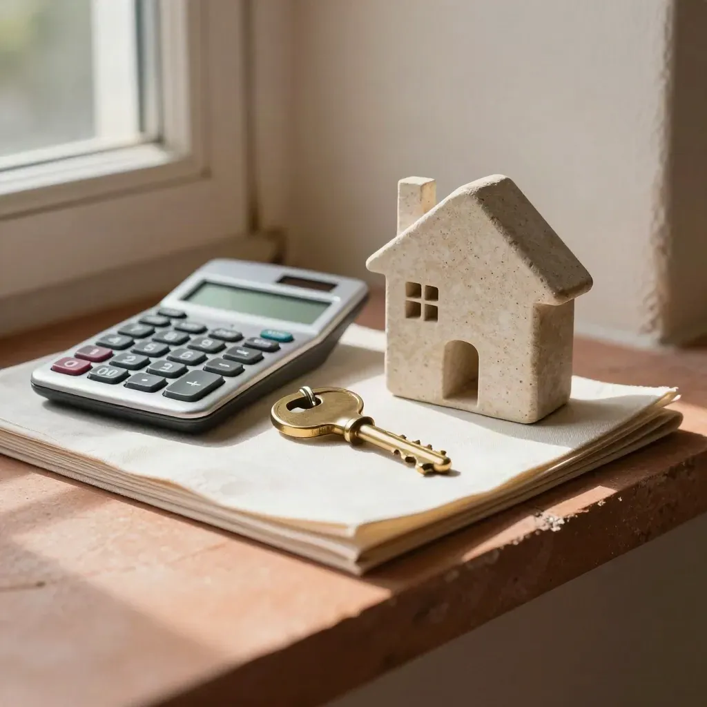 Brass house key, calculator, file sleeve, and stone house on a sunlit terracotta sill.