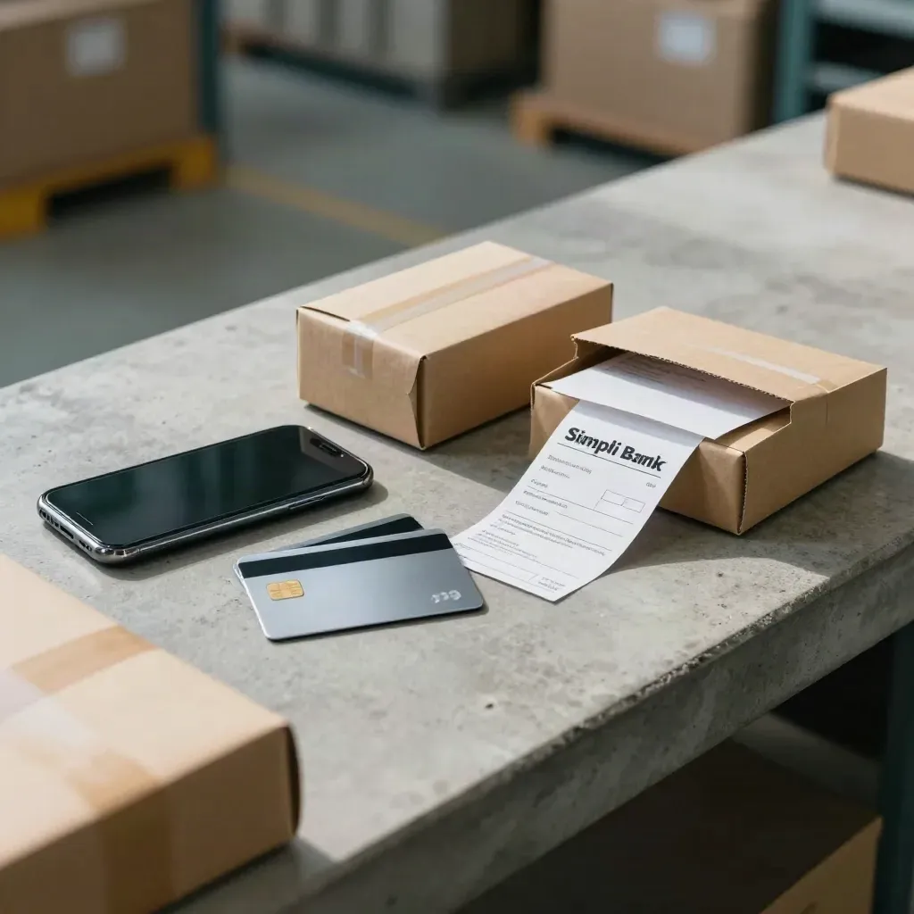 Smartphone, bank cards, parcel boxes and an open mailer on a moody packing bench.