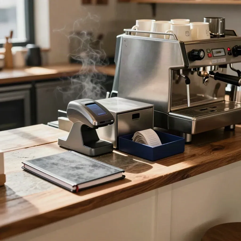 Empty cafe back-counter finance station with card reader, till drawer, notebook, receipt tray and espresso machine.