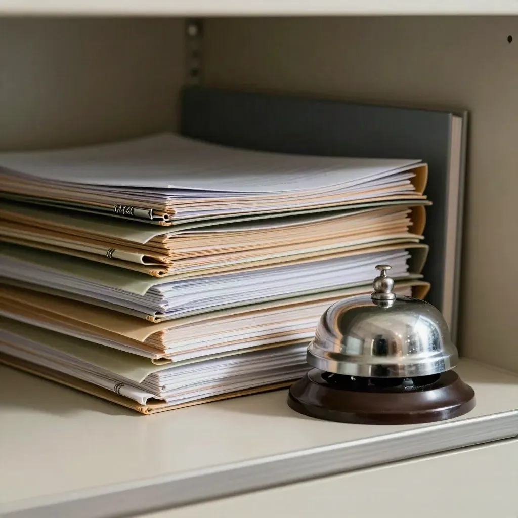 Macro still life of banking office tools with paper clips, dividers, desk bell, and folder spine.