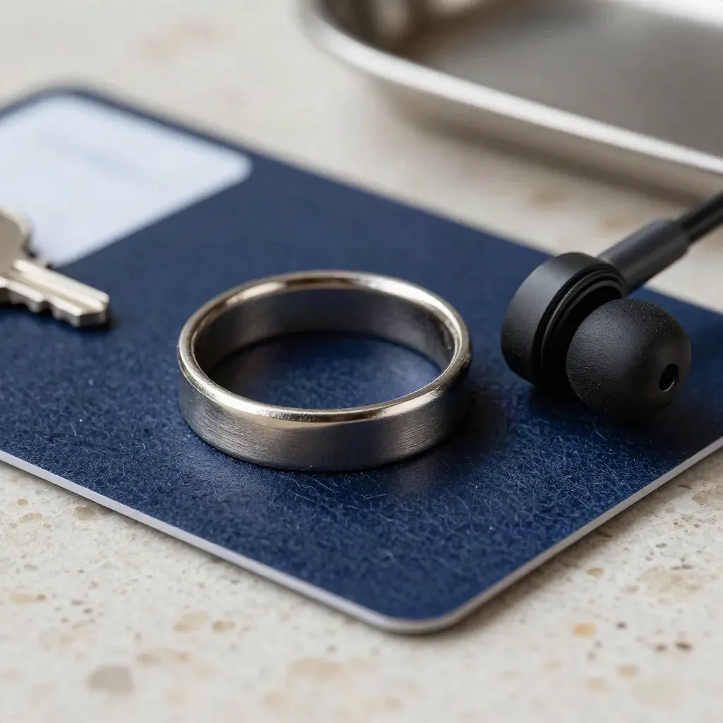 Macro still life of banking tools on navy felt with a debit card edge and headset earpiece.
