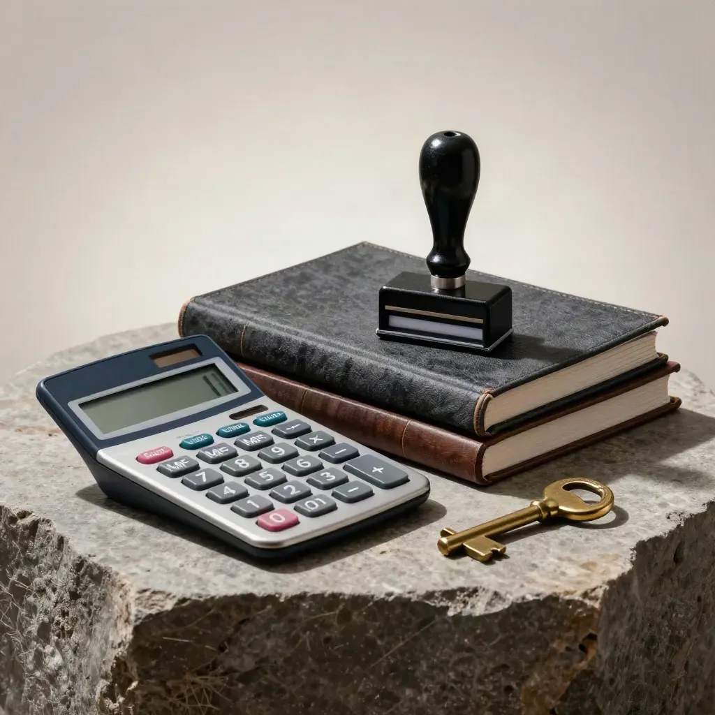 Dramatic still life of banking tools on stone: calculator, ledger book, stamp, and brass key.