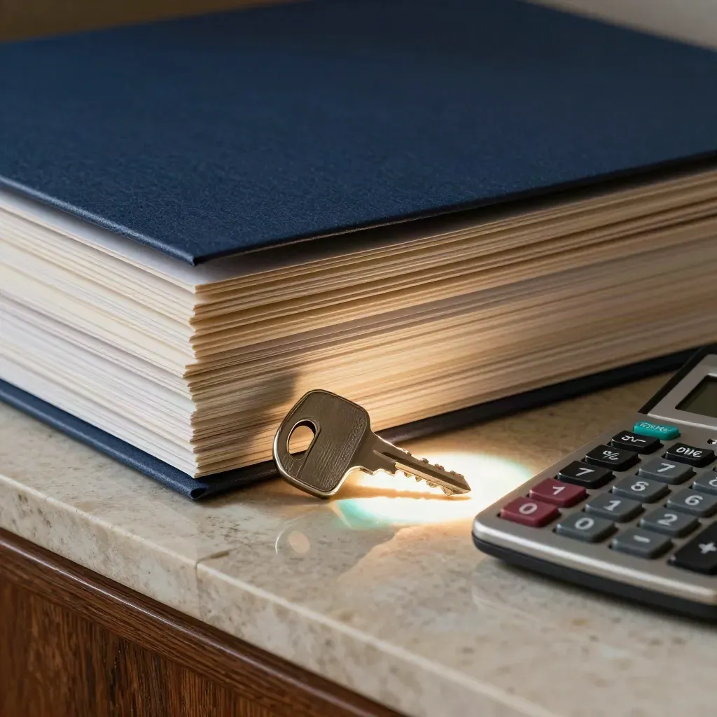 Closed folders, key, calculator and lamp reflection on stone, moody finance workspace.