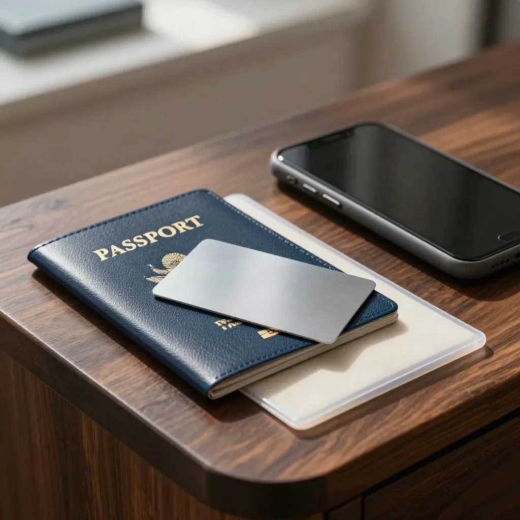 Navy passport cover, bank card, face-down phone and document sleeve on a walnut desk.