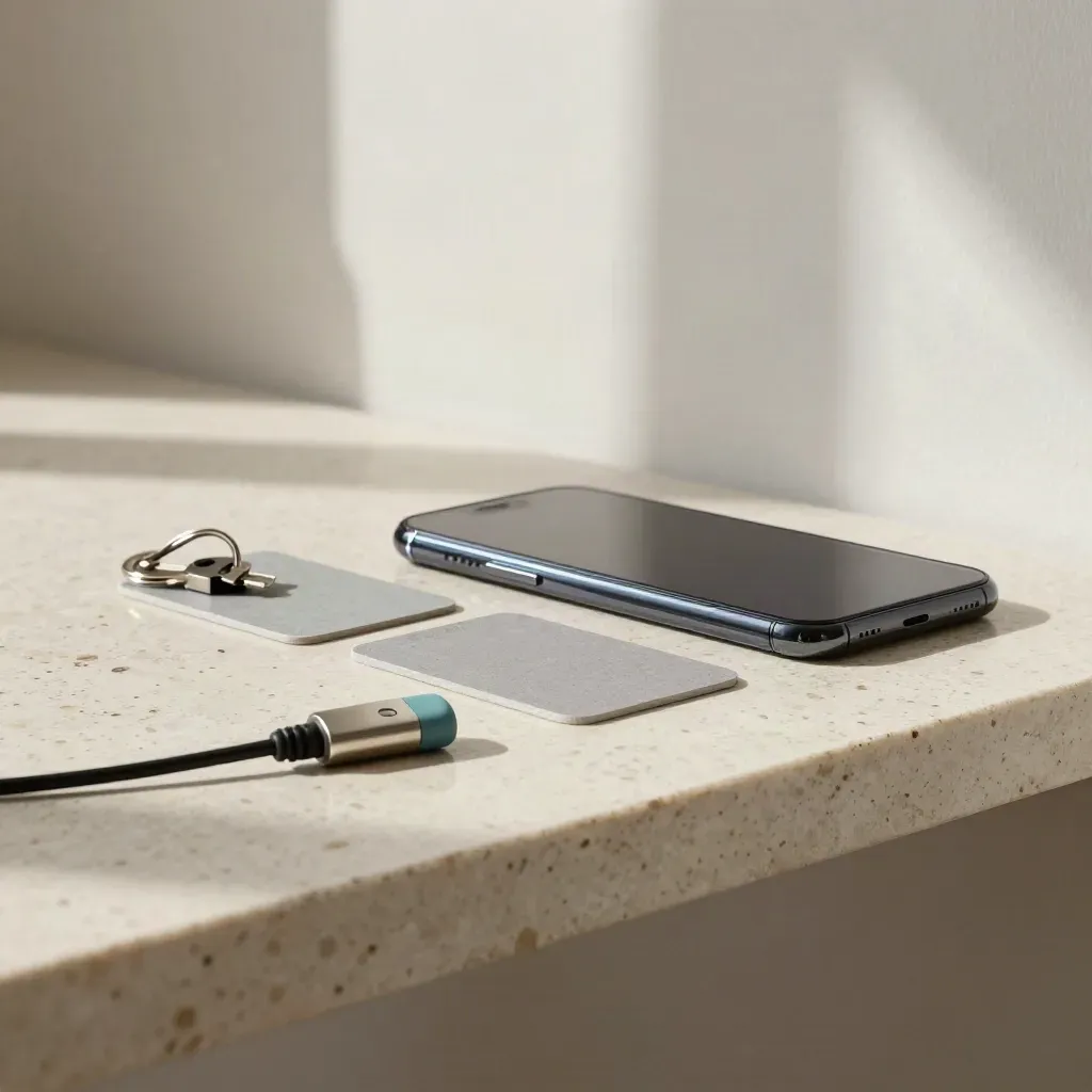Stone shelf still life with cards, phone, key ring and magnetic cable linking
