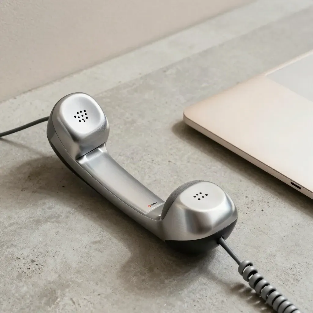 Phone handset, headset, status lamp, and closed laptop on cool concrete for banking support.