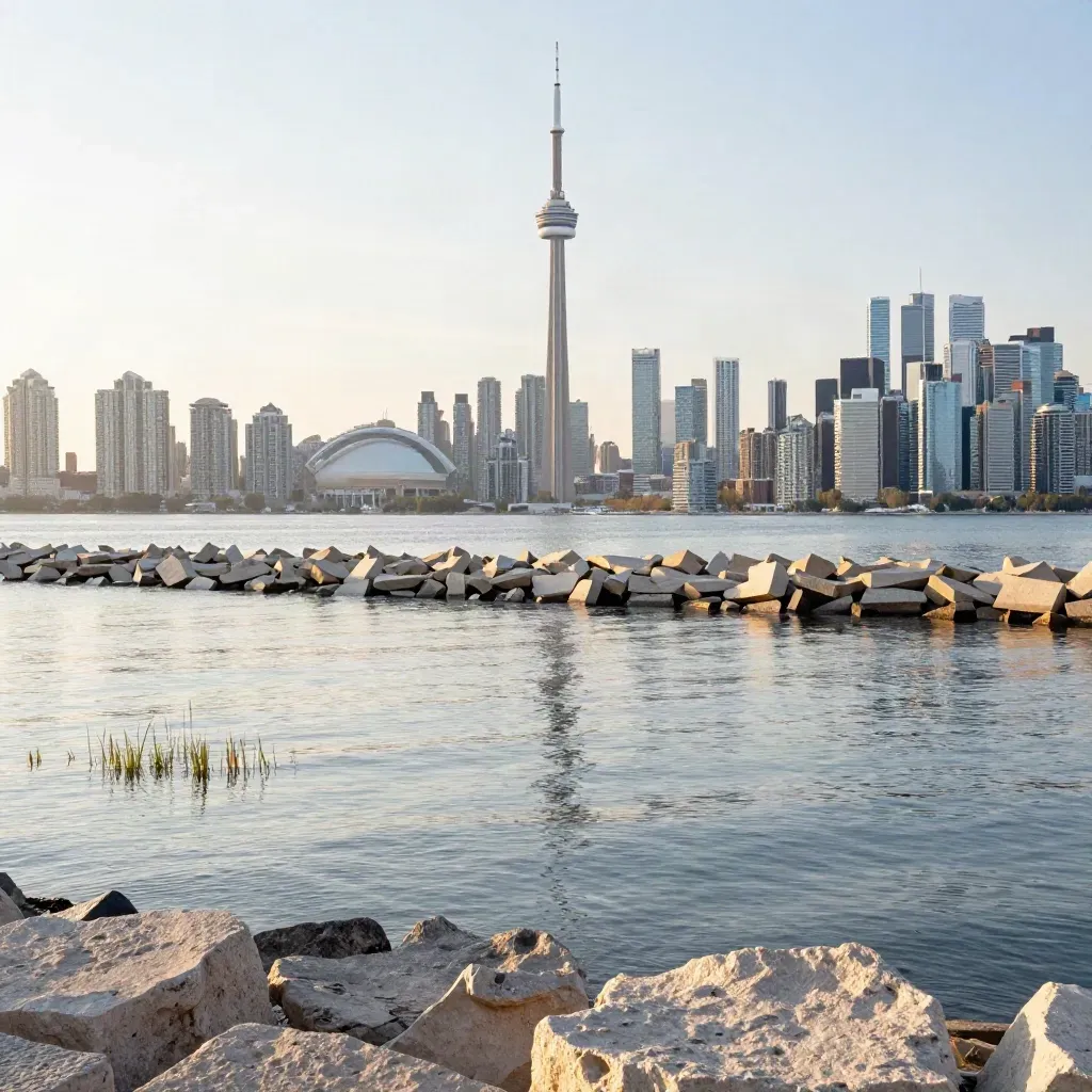 Toronto skyline over Lake Ontario with calm pale waterfront and misty golden light.