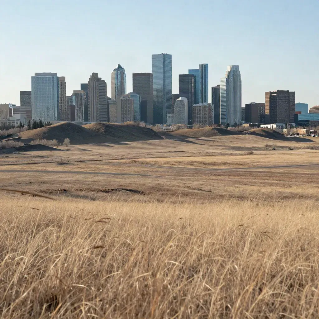 Calgary skyline above prairie and foothills, with open low-contrast ground for copy.