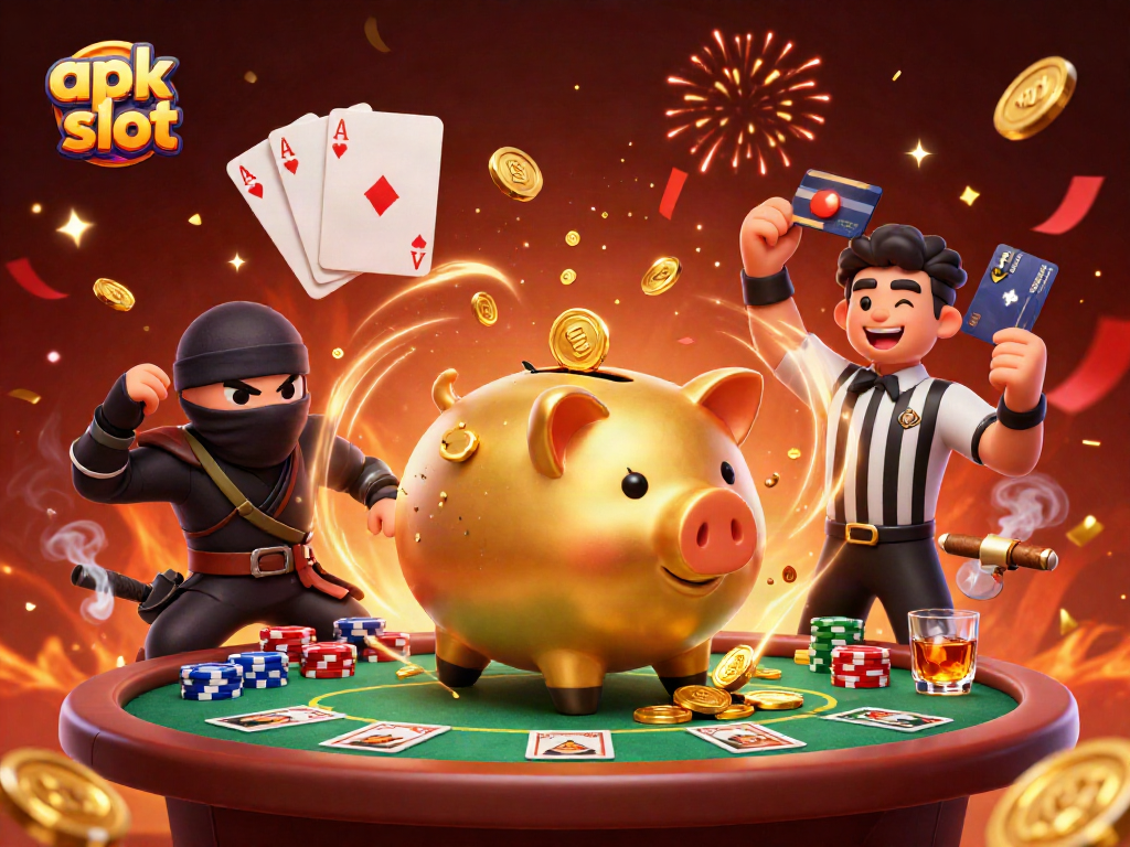 Engage in action with apk slot gaming as a golden piggy bank, ninja, and samurai celebrate casino success.