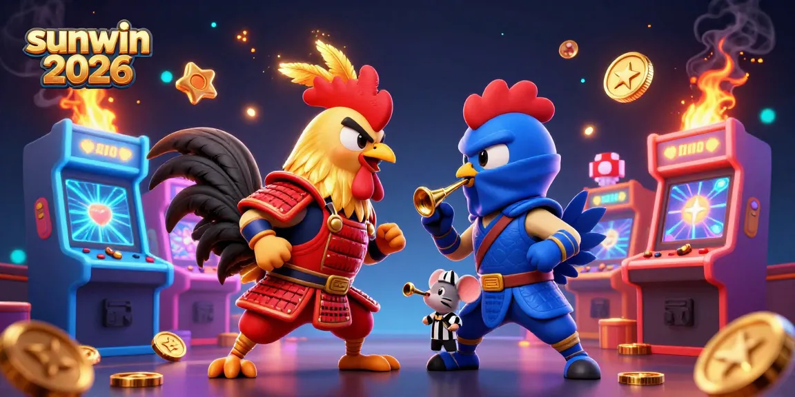 Experience thrilling gameplay at sunwin 2026 with dynamic roosters in combat amidst vibrant casino elements.